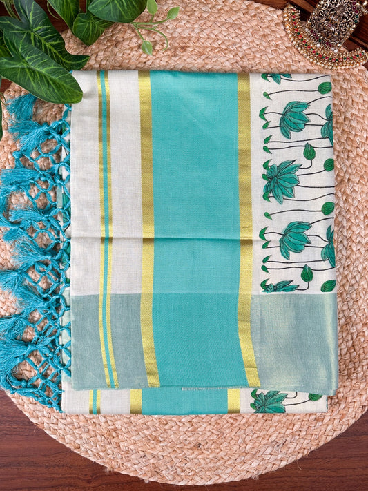 Aqua Blue Lotus Kerala Vishu Sari Indian Onam Tissue hand Painted Saree C10