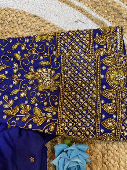 40” Aari hand Worked Sari Blouse Indian Top Choli Silk Royal Blue B33