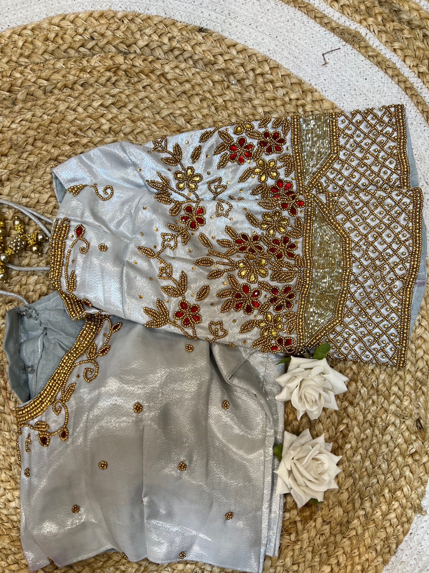 40” Aari hand Worked Sari Blouse Indian Top Choli Silk White B28