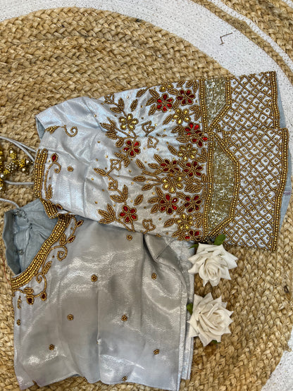 40” Aari hand Worked Sari Blouse Indian Top Choli Silk White B28