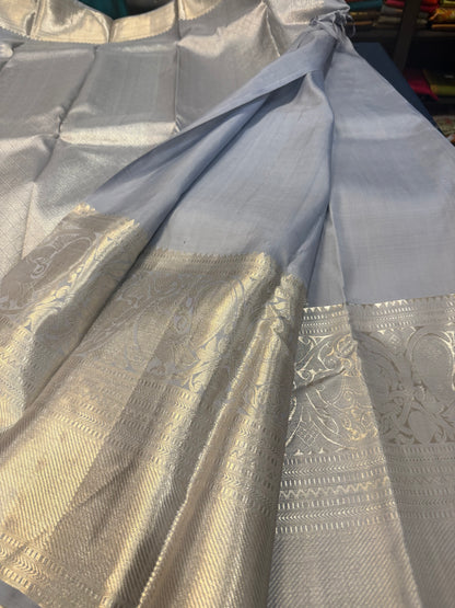 Kanchipuram Pure Silk Saree Bridal Indian Kanjivaram Sari Grey SPK339