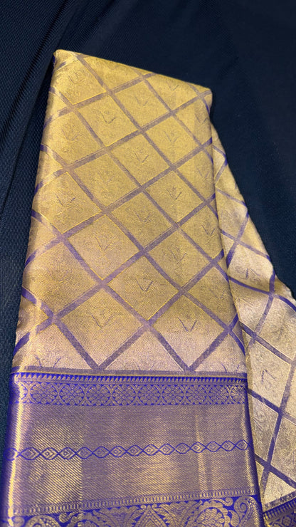 Kanchipuram Tissue Bridal Pure Silk Saree with Gold Zari Blue & Gold Sari| SPK098