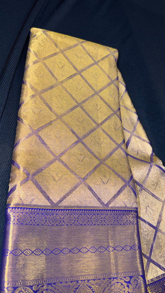 Kanchipuram Tissue Bridal Pure Silk Saree with Gold Zari Blue & Gold Sari| SPK098