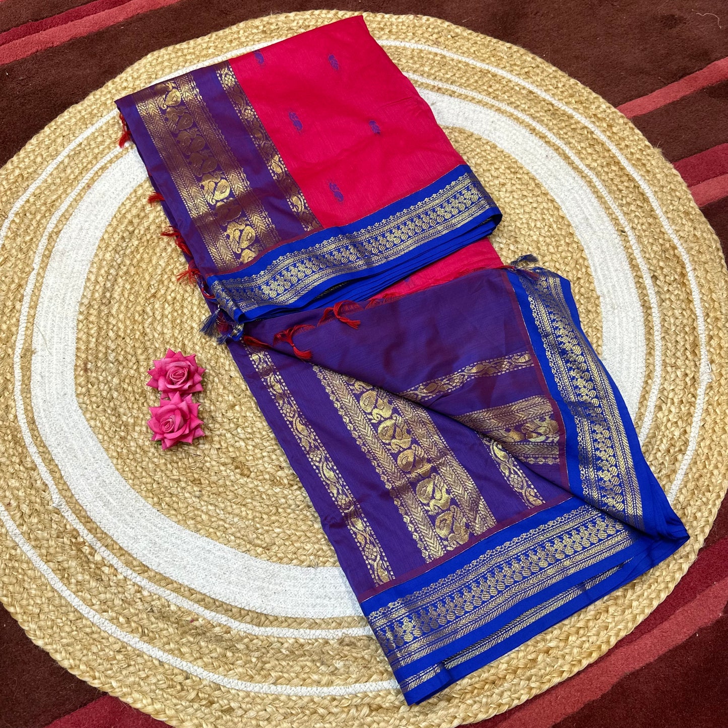 Pink & Blue Kalyani Silk Cotton Sari South Indian Saree S140