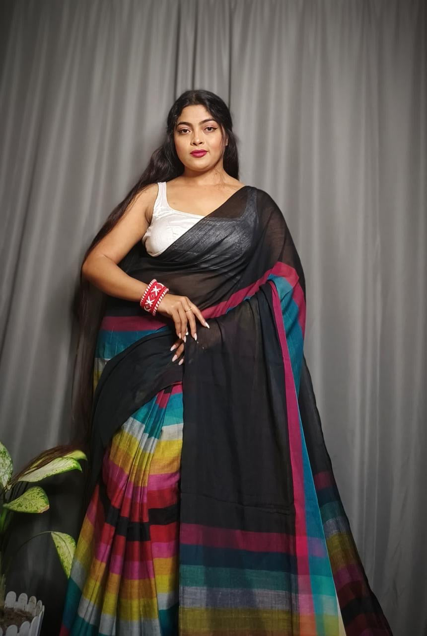 MUL Cotton White Rainbow Sari Indian casual Saree C25