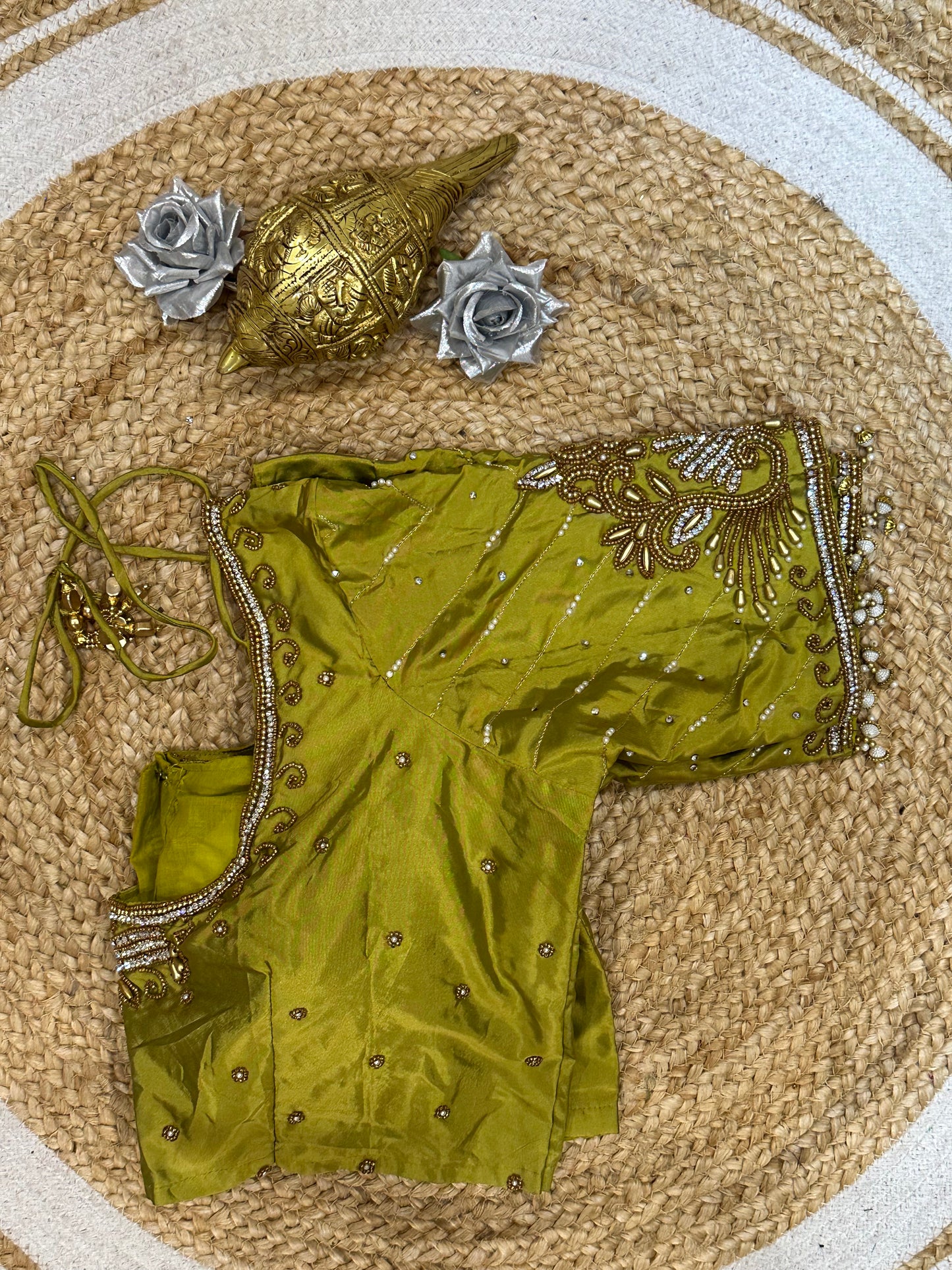 38” M Size 8 Aari Worked Sari Blouse Indian Saree Top Mehendi Green B178