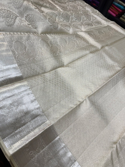 Kanchipuram Pure Silk handloom Bridal Saree Indian Kanjivaram Off White Sari SPK384