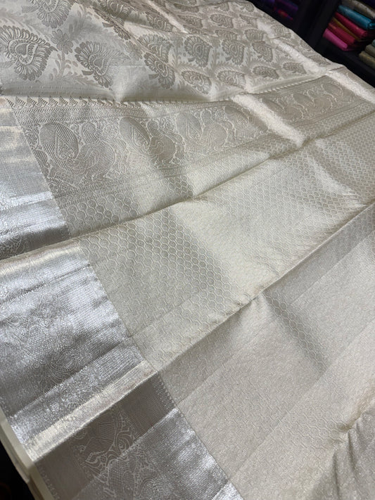 Kanchipuram Pure Silk handloom Bridal Saree Indian Kanjivaram Off White Sari SPK384
