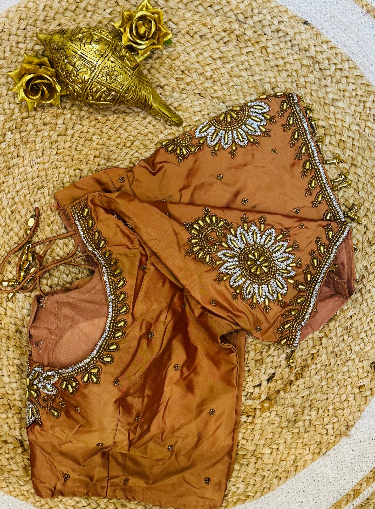 40” Size 10 Aari Worked Sari Blouse Indian Saree Top Silk Light Copper B78