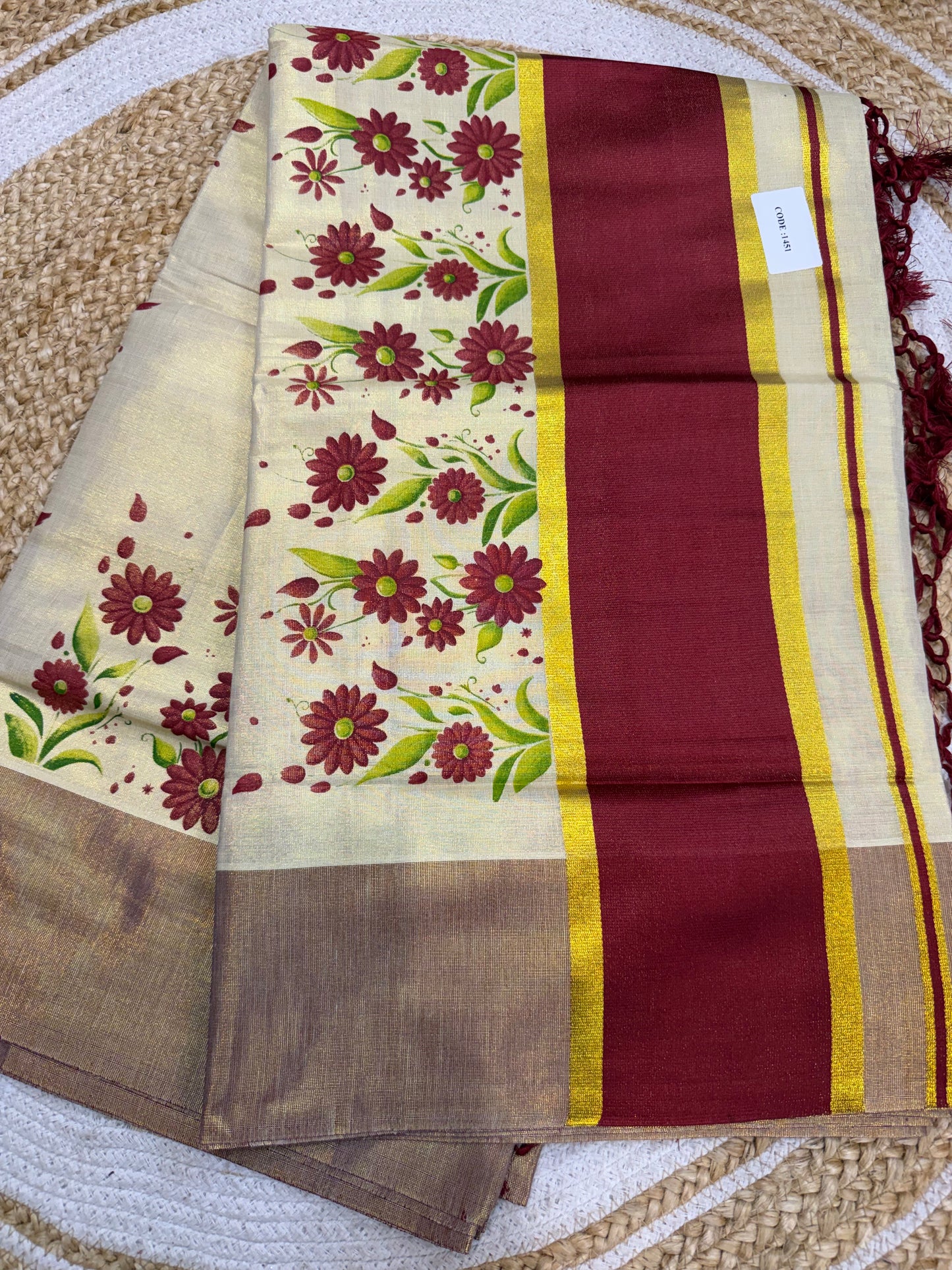 Maroon Kerala Vishu Sari Indian Cream Tissue hand Printed Onam Saree C16