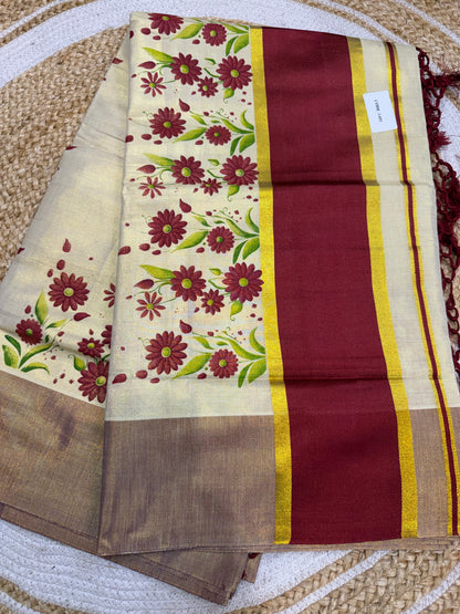 Maroon Kerala Vishu Sari Indian Cream Tissue hand Printed Onam Saree C16