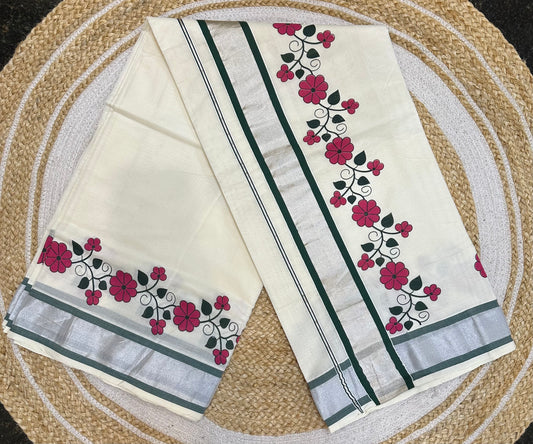 Pink Kerala Vishu Sari Indian hand Printed Kasavu Onam Saree C19