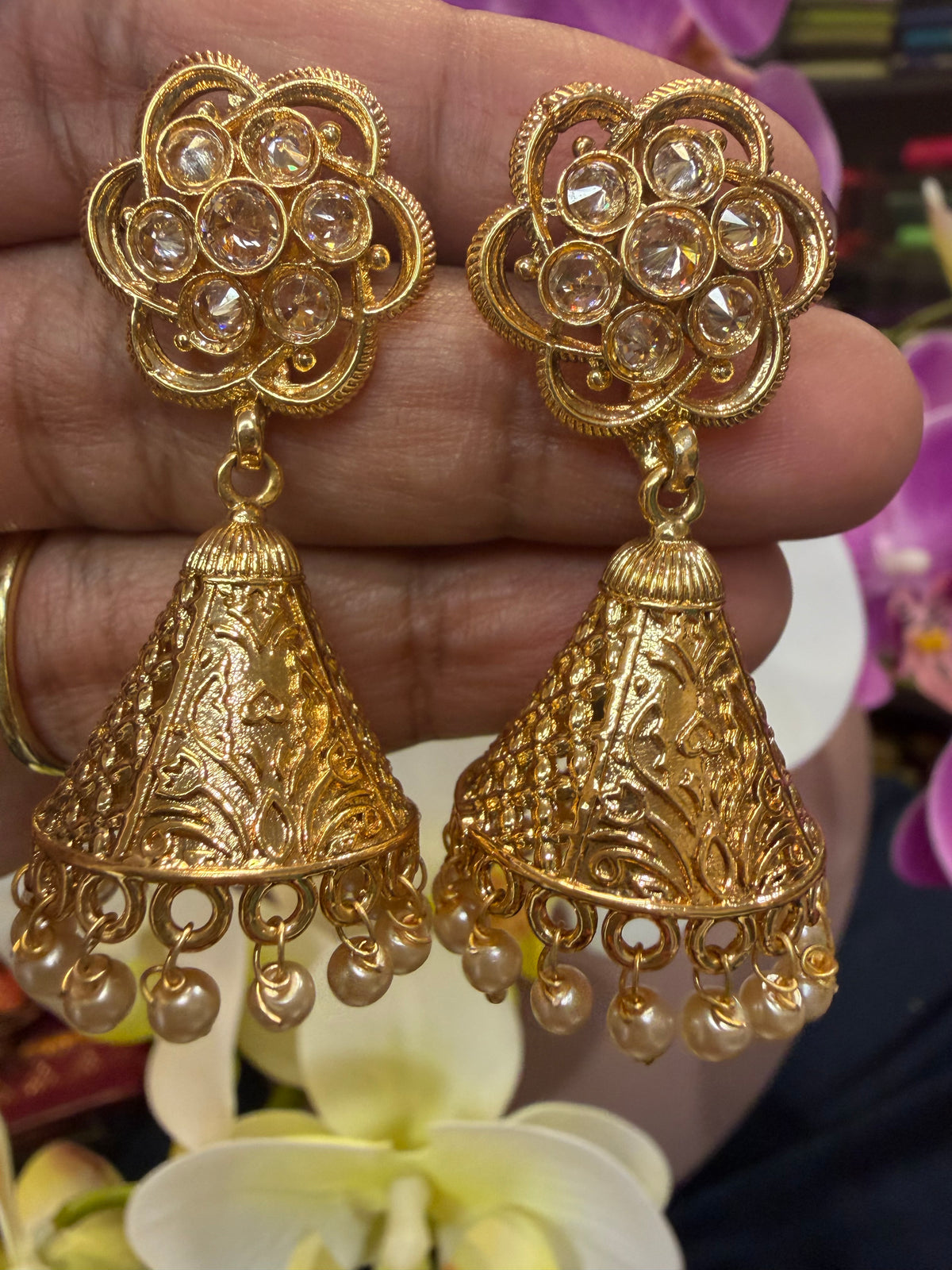 Golden Jumka Jhumka Indian Brass Earrings Jimikki Kammal Indian Jewellery E31