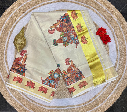 Kerala Vishu Sari Indian Cream Tissue hand Printed Saree C7 - Col 3