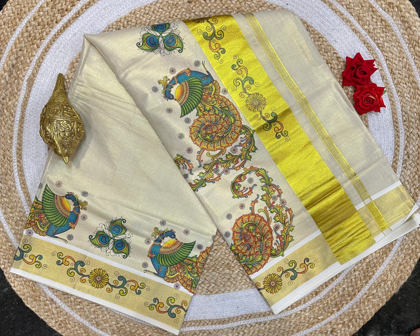 Kerala Vishu Sari Indian Cream Tissue hand Printed Onam Saree C7 - Col 7