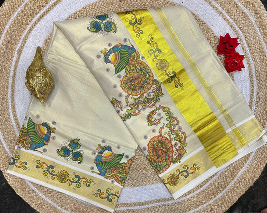 Kerala Vishu Sari Indian Cream Tissue hand Printed Onam Saree C7 - Col 7