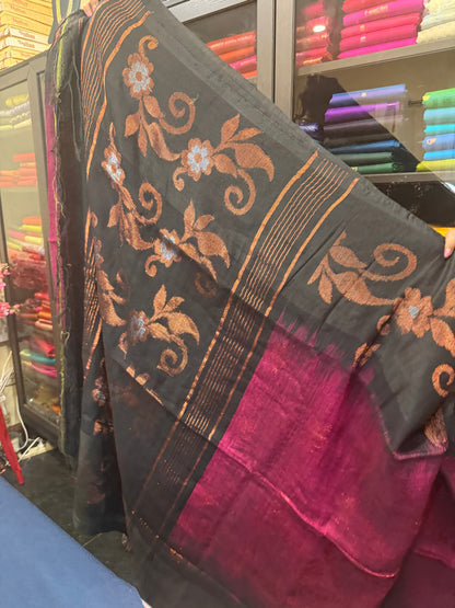 Soft Silk Cotton Linen Sari Indian Saree Copper Jari Magenta Pink Black S123