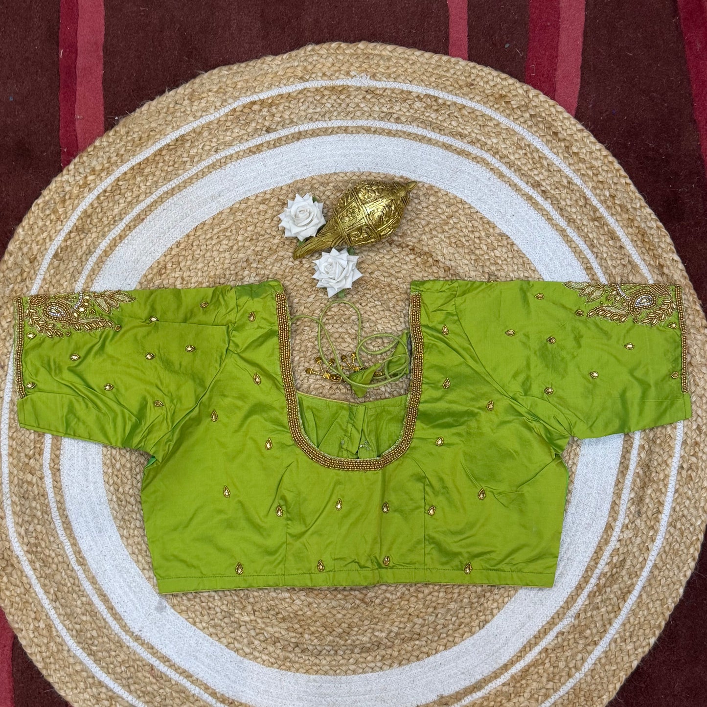 46” Size 16 Aari Worked Sari Blouse Indian Saree Top Silk Green B225