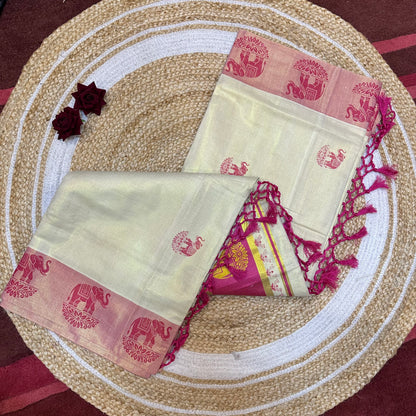 Pink Elephant Kerala Vishu Sari Indian Cream Tissue Saree C7