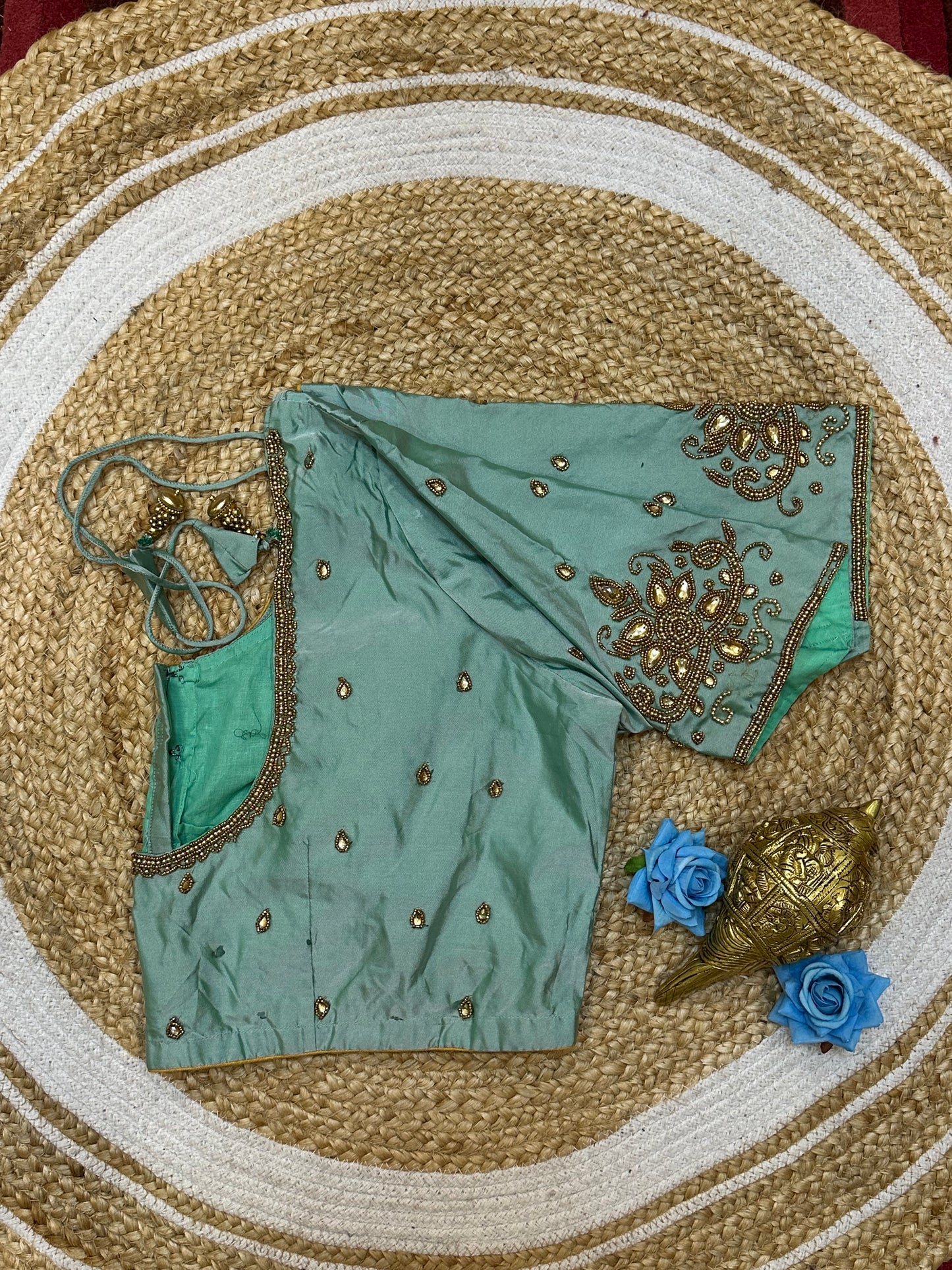 50” Size 20 Aari Worked Sari Blouse Indian Saree Top Silk Sea Green B198