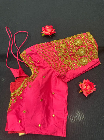 40” Aari hand Worked Sari Blouse Indian Top Choli Silk Pink Gold B11