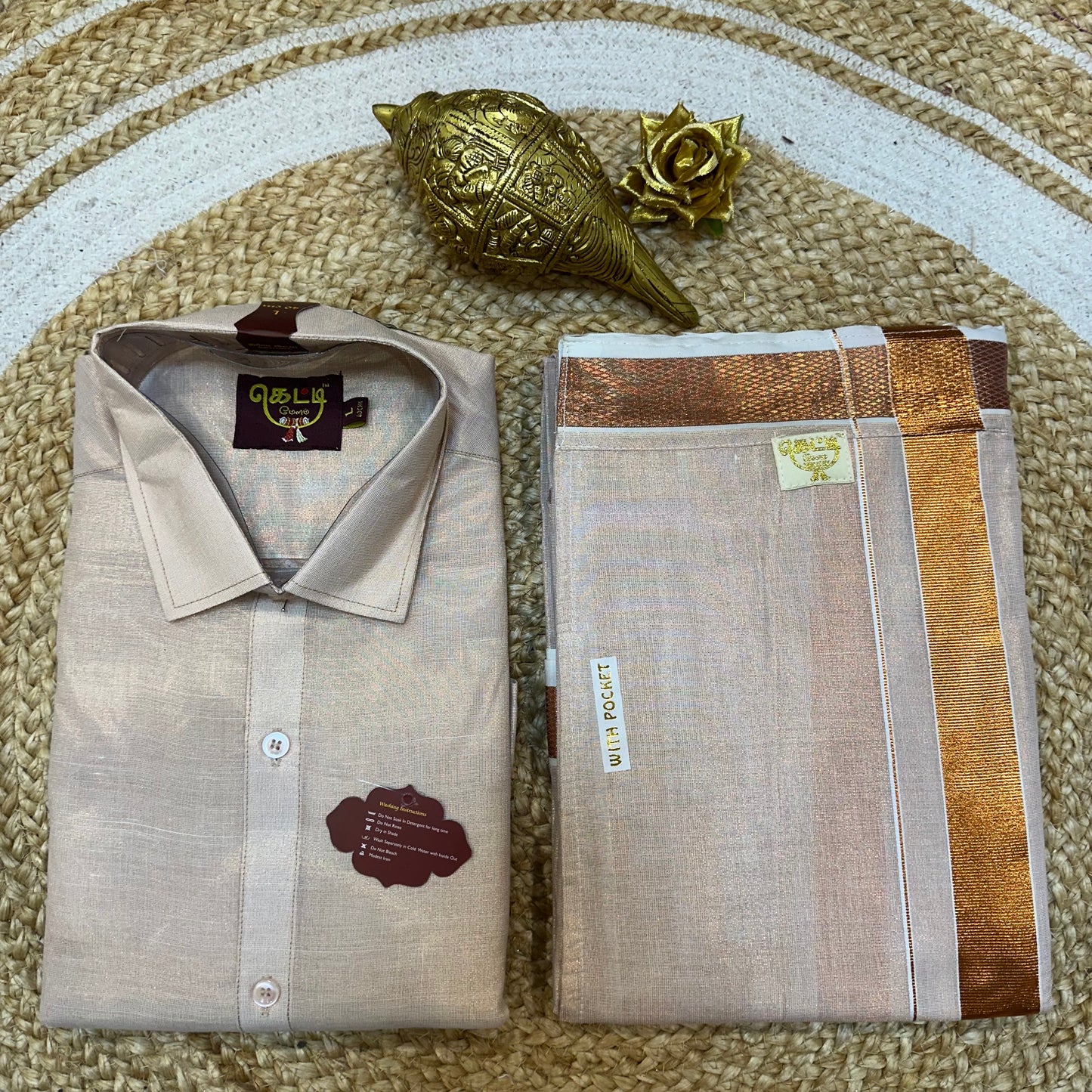 Men’s South Indian Vesti Shirt Combo Rose gold Copper Tissue Dhotti V12