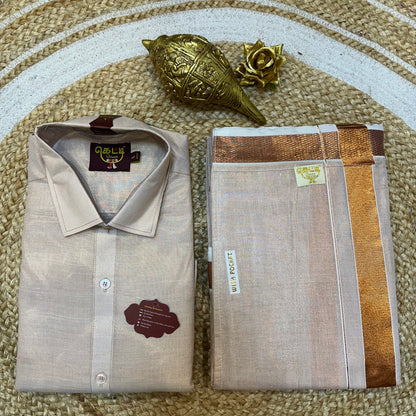 Men’s South Indian Vesti Shirt Combo Rose gold Copper Tissue Dhotti V12
