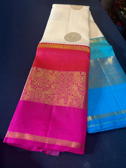 Kanchipuram Pure Silk Saree Cream pink Blue Kanjivaram Sari| SPK201