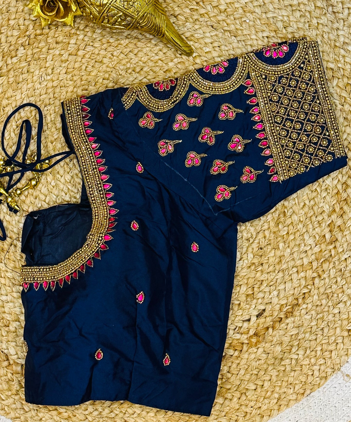 40” Size 10 Aari Worked Sari Blouse Indian Saree Top Silk Blue B75