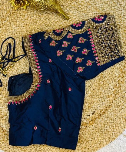 40” Size 10 Aari Worked Sari Blouse Indian Saree Top Silk Blue B75