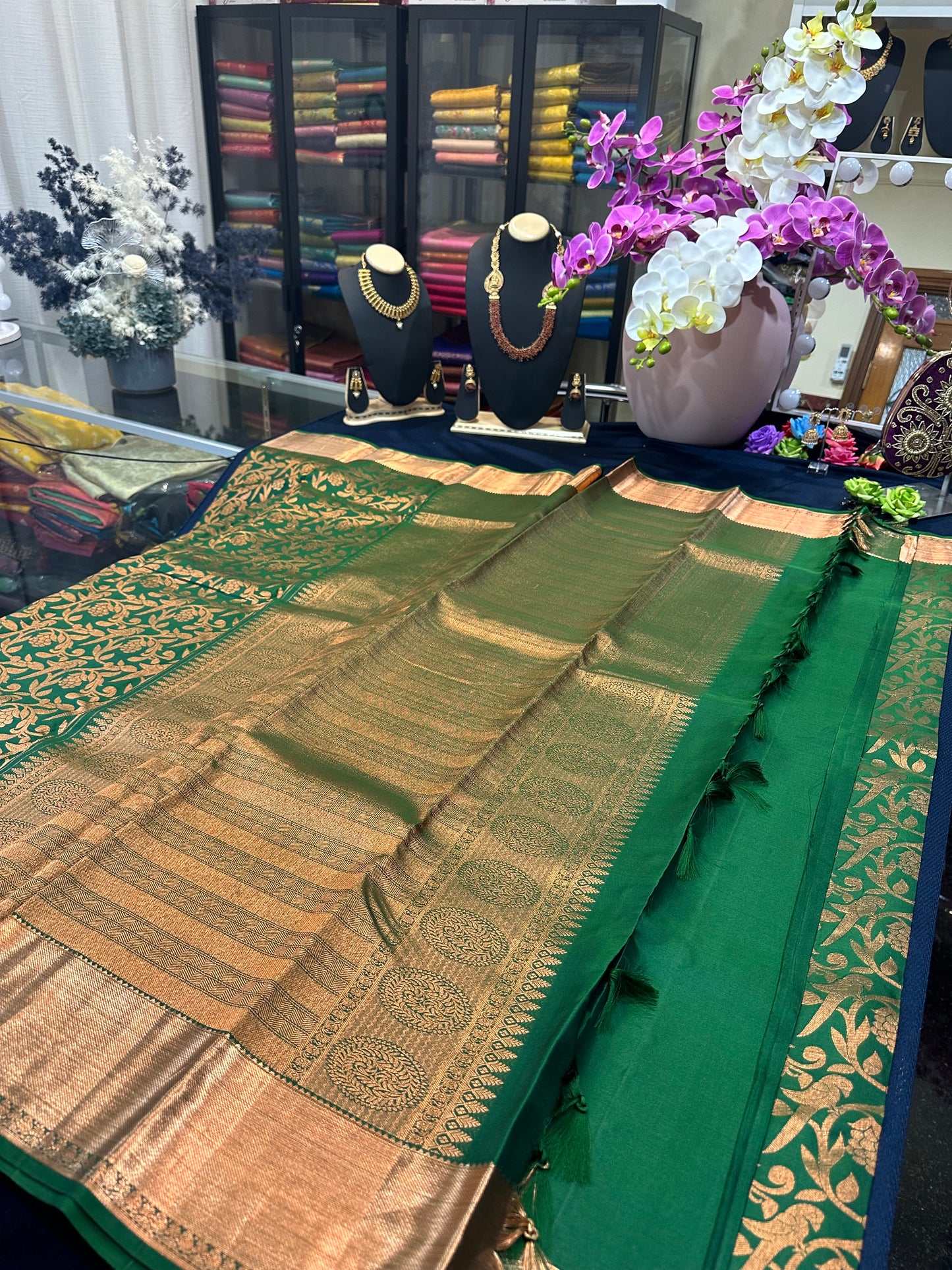 Kanchipuram Pure Silk Saree Green & Copper Kanjivaram Sari| SPK129