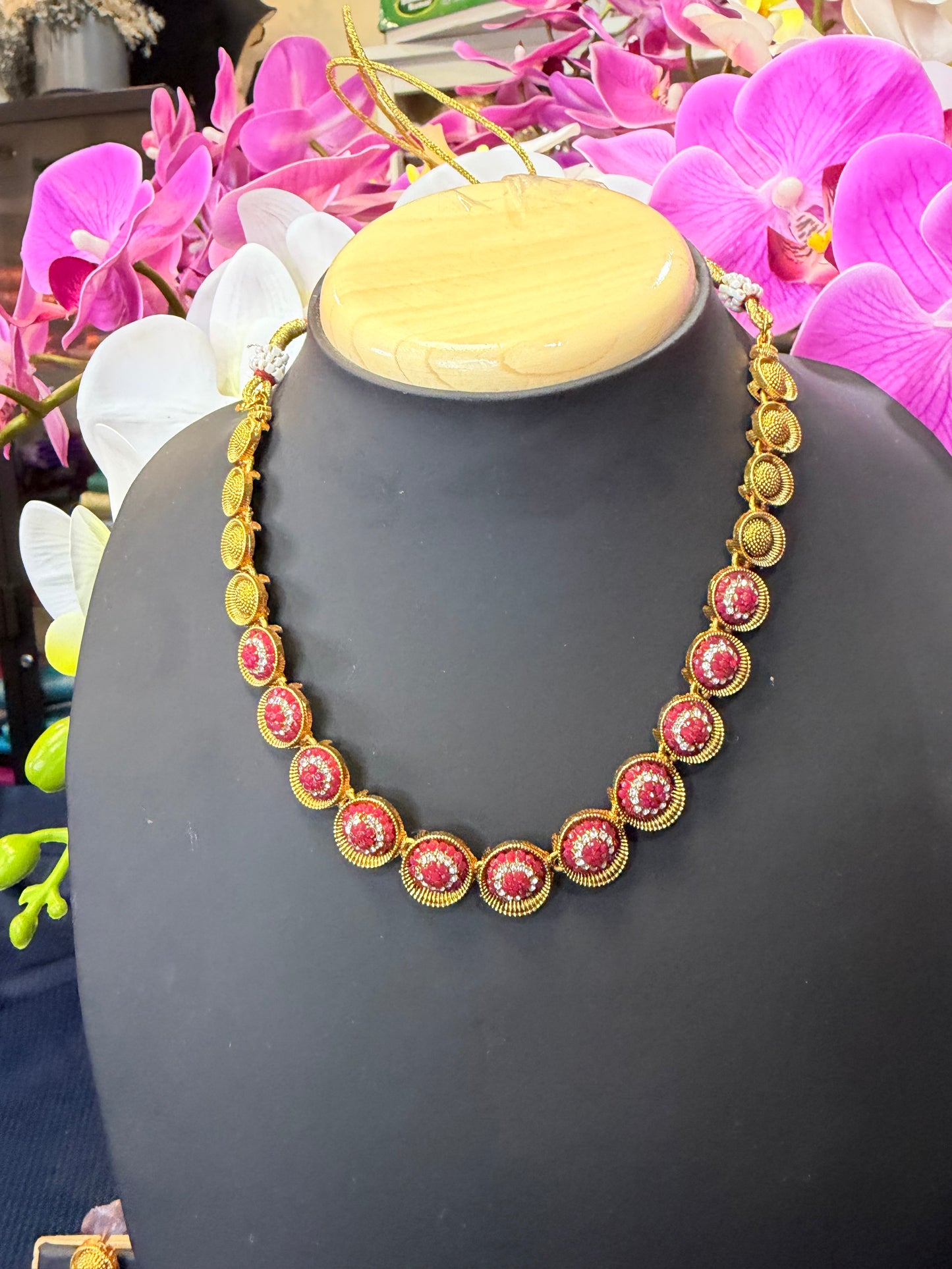 Indian Necklace & Earrings Ruby Pink Addiyal Jewellery Set V4