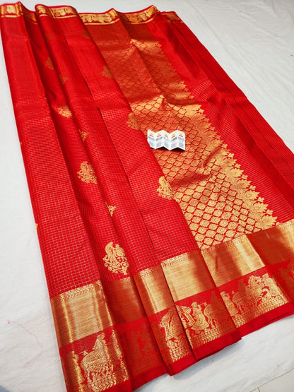 Kanchipuram Pure Silk Saree Bridal Red Checkered Kanjivaram Sari SPK255