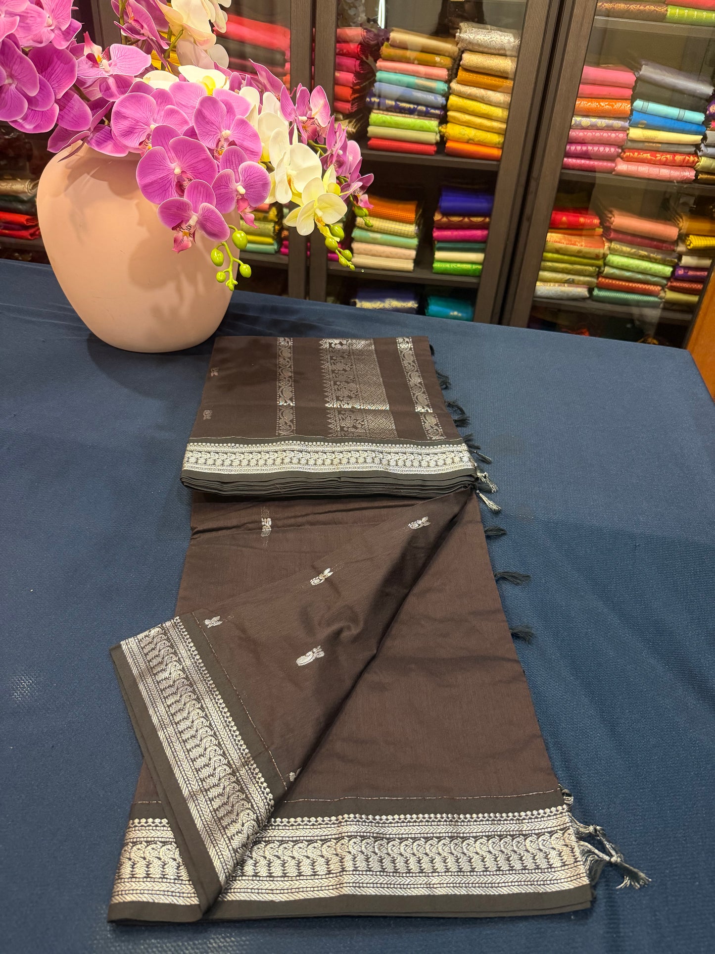 Brown Silver Kalyani Silk Cotton Traditional Sari South Indian Saree S140