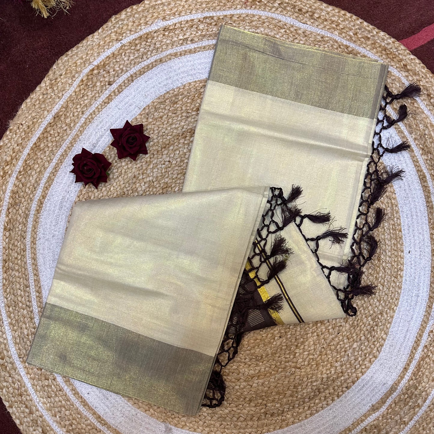 Brown Kerala Vishu Sari Indian Cream Tissue Saree C34