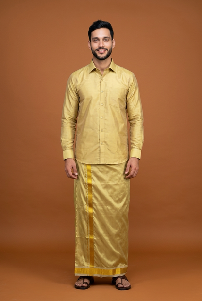 38” Med Men’s South Indian Vesti Shirt Combo Gold Silk Dhotti V13