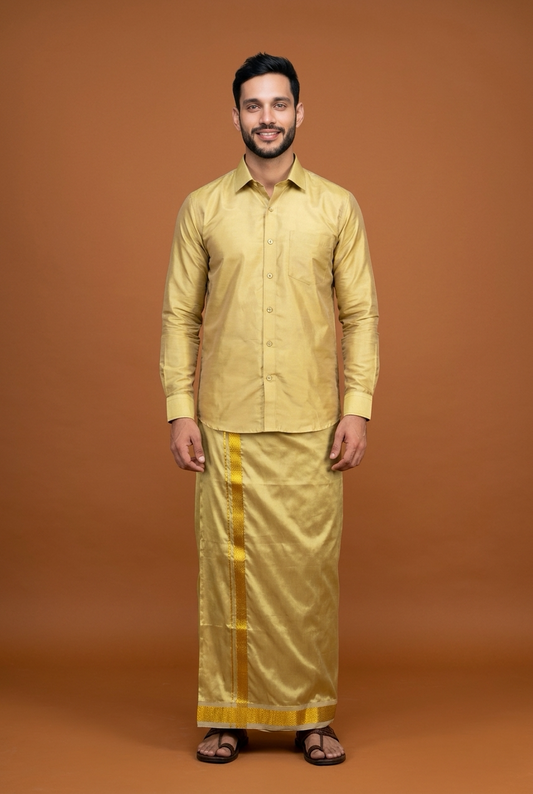 38” Med Men’s South Indian Vesti Shirt Combo Gold Silk Dhotti V13