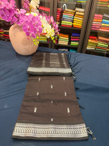 Brown Silver Kalyani Silk Cotton Traditional Sari South Indian Saree S140