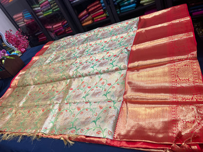 Bridal Tissue Kanchipuram Pure Silk Saree Gold & Red Kanjivaram Sari| SPK115