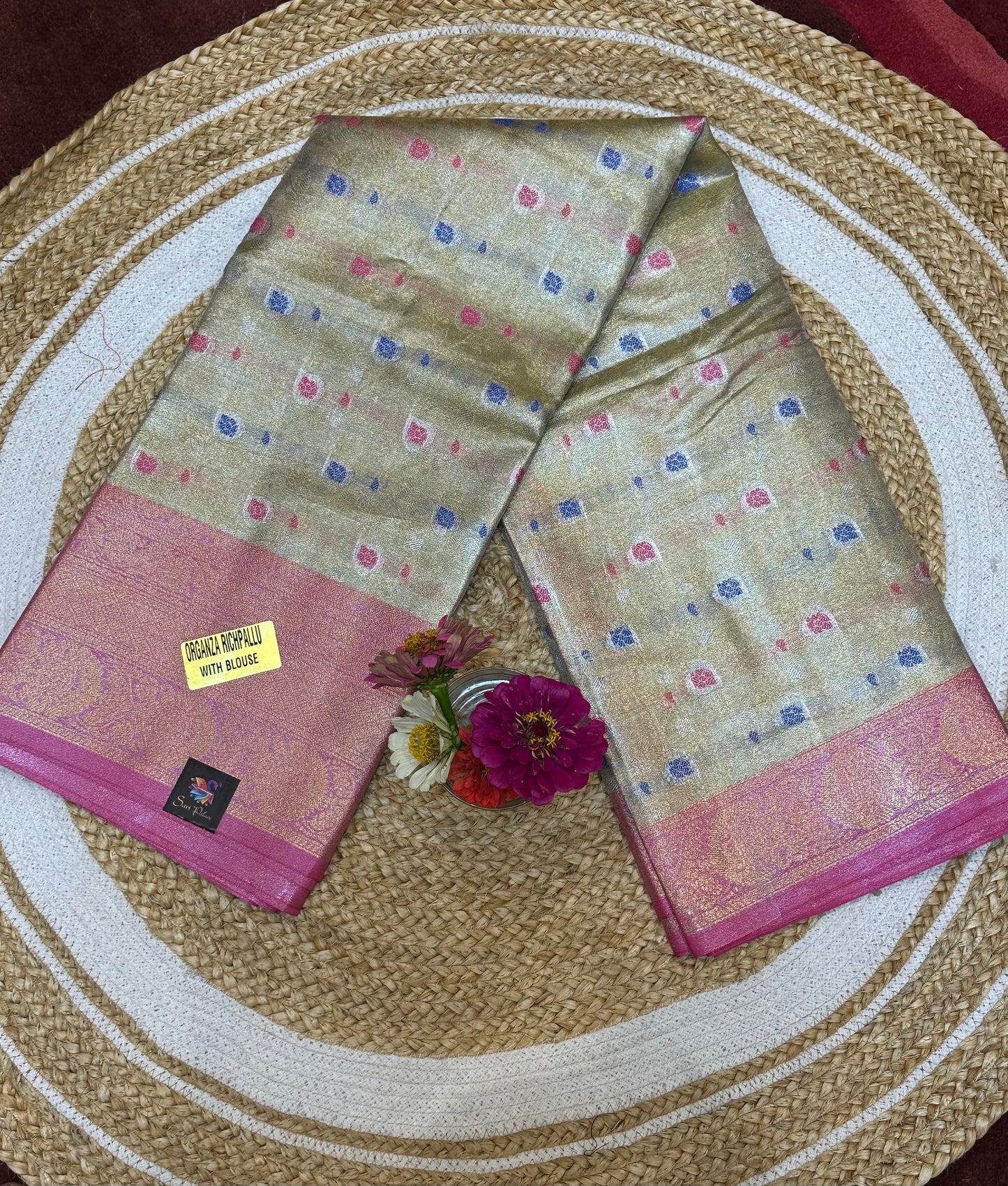 Tissue Silk brocade Sari Indian Fancy Saree Blue & Golden S18