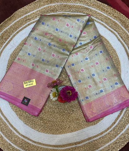 Tissue Silk brocade Sari Indian Fancy Saree Blue & Golden S18