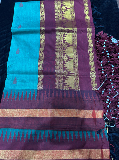 Kalyani Silk Cotton Sari Indian Saree Aqua & Burgundy S51