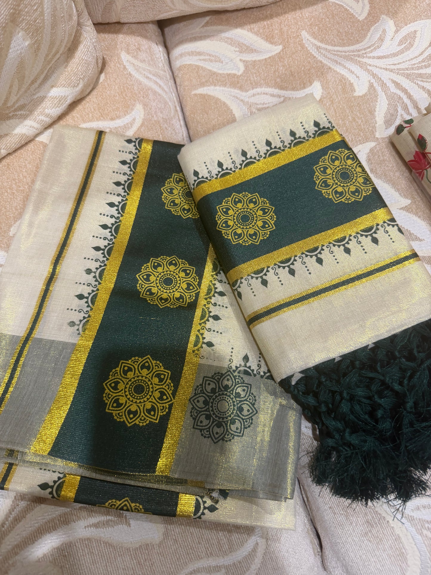 Kerala Multi Set Mundu Vishu Sari Indian hand Printed Kasavu Onam Saree C53