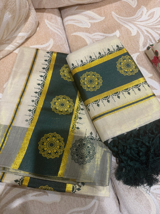 Kerala Green Set Mundu Vishu Sari Indian hand Printed Kasavu Onam Saree C52
