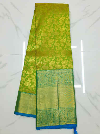 Bridal Kanchipuram Pure Silk Saree Green Blue Kanjivaram Sari| SPK179