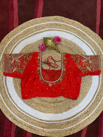 40” Size 10 Aari Worked Sari Blouse Indian Saree Top Silk Red B99