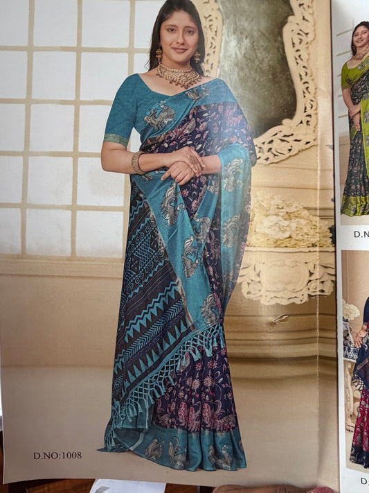 Indian Crape Silk Saree Kalamkari Printed Sari S150