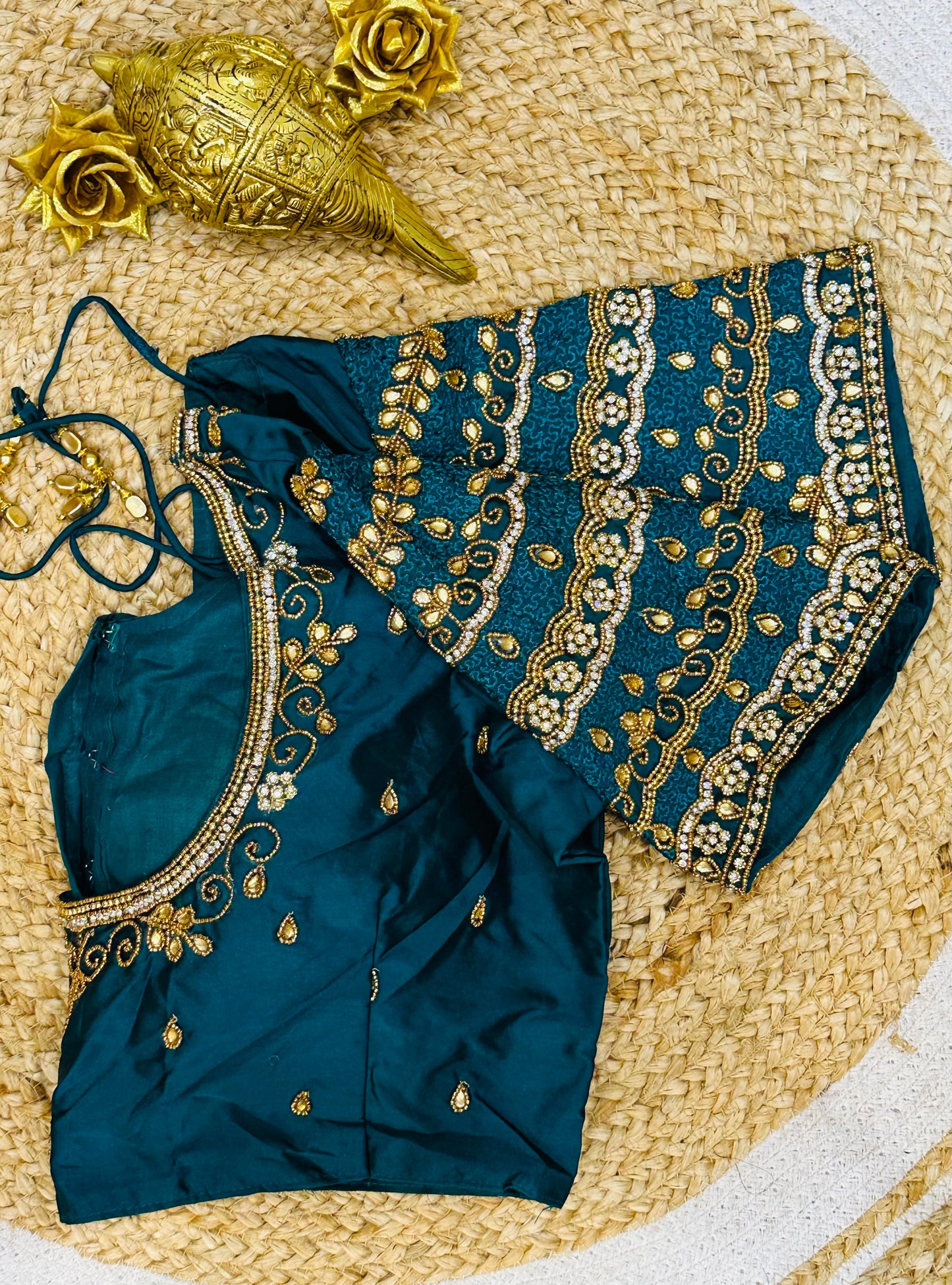 40” Size 10 Aari Worked Sari Blouse Indian Saree Top Silk Teal B69