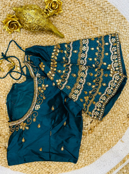 40” Size 10 Aari Worked Sari Blouse Indian Saree Top Silk Teal B69