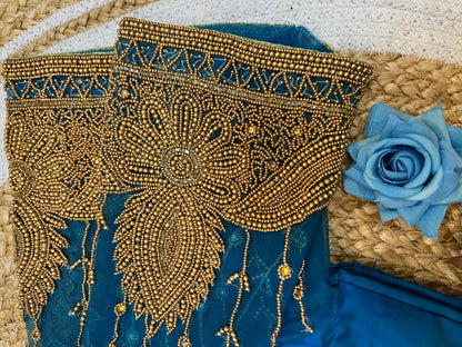 40” Bridal Aari hand Worked Sari Blouse Indian Top Choli Silk Blue B41
